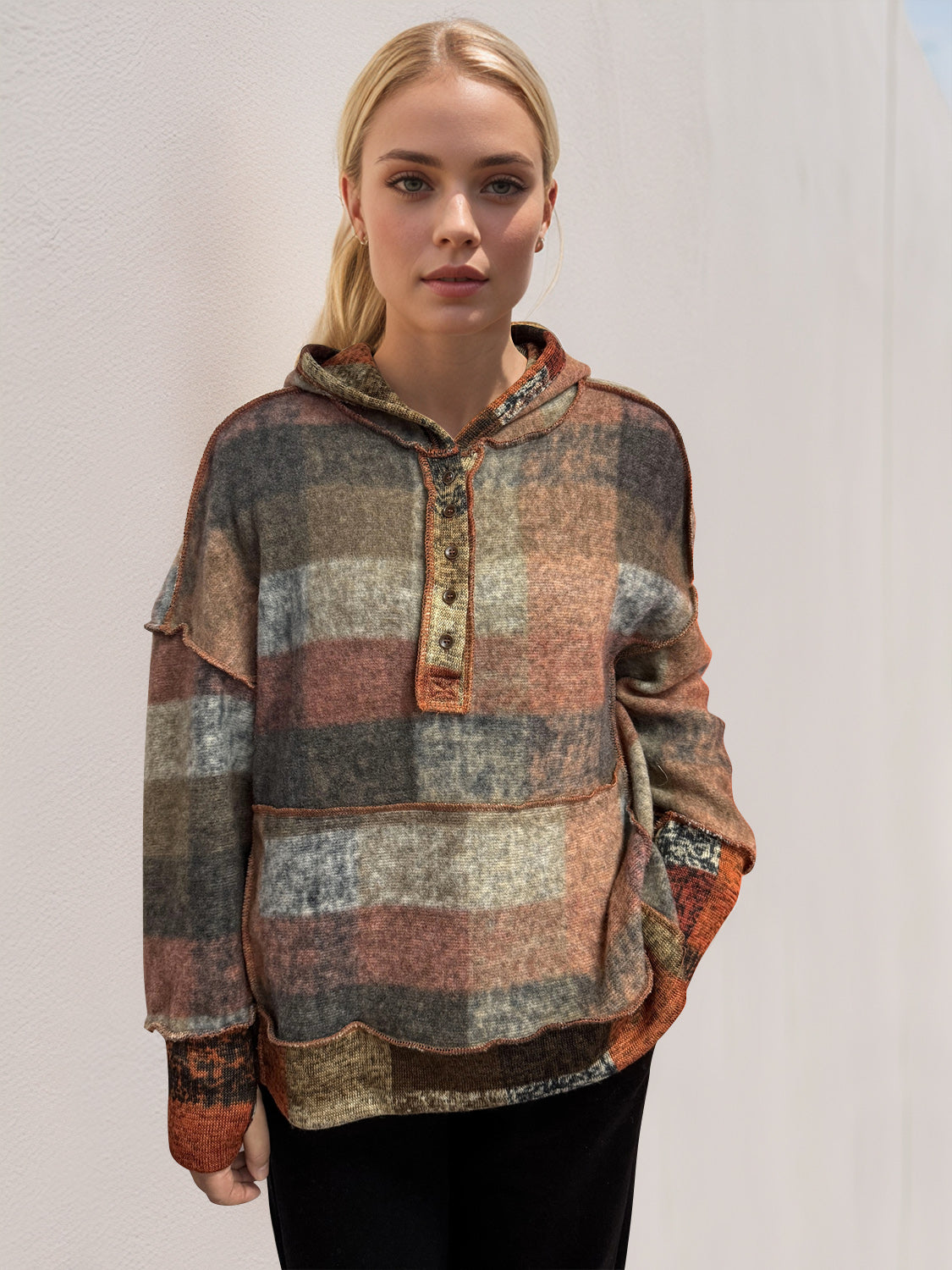 Double Take Full Size Plaid Dropped Shoulder Hoodie - Tangerine -