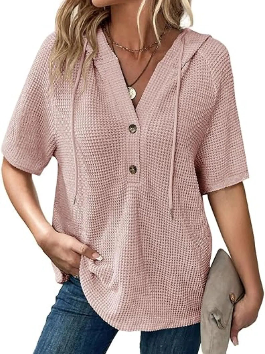 Drawstring Waffle-Knit Short Sleeve Hooded Top - -