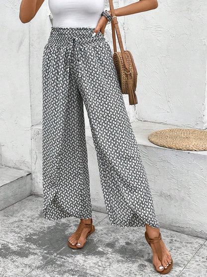 Tied Printed Wide Leg Pants - -
