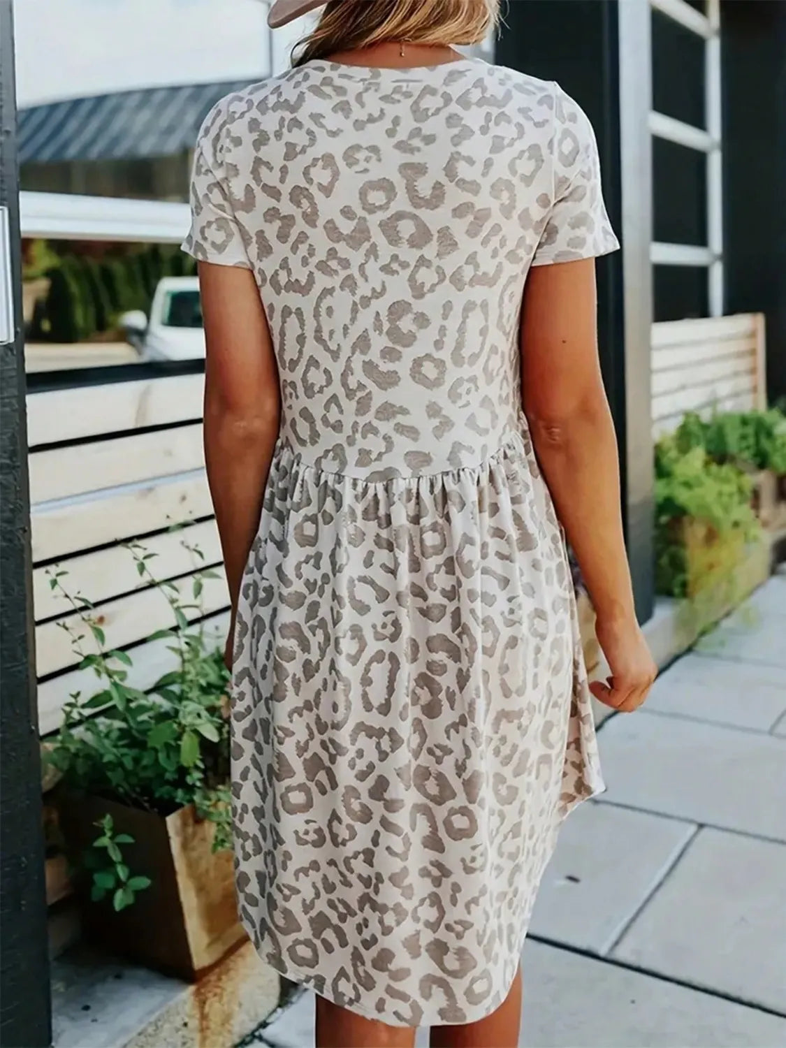 Leopard Round Neck Short Sleeve Mini Tee Dress - -