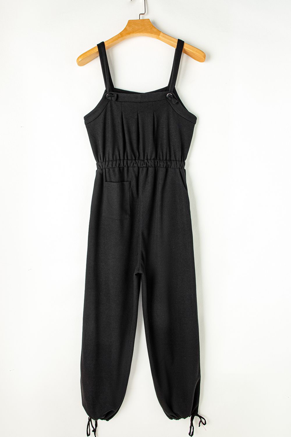 Knotted Straps Button Textured Drawstring Jumpsuit - -