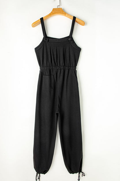 Knotted Straps Button Textured Drawstring Jumpsuit - -