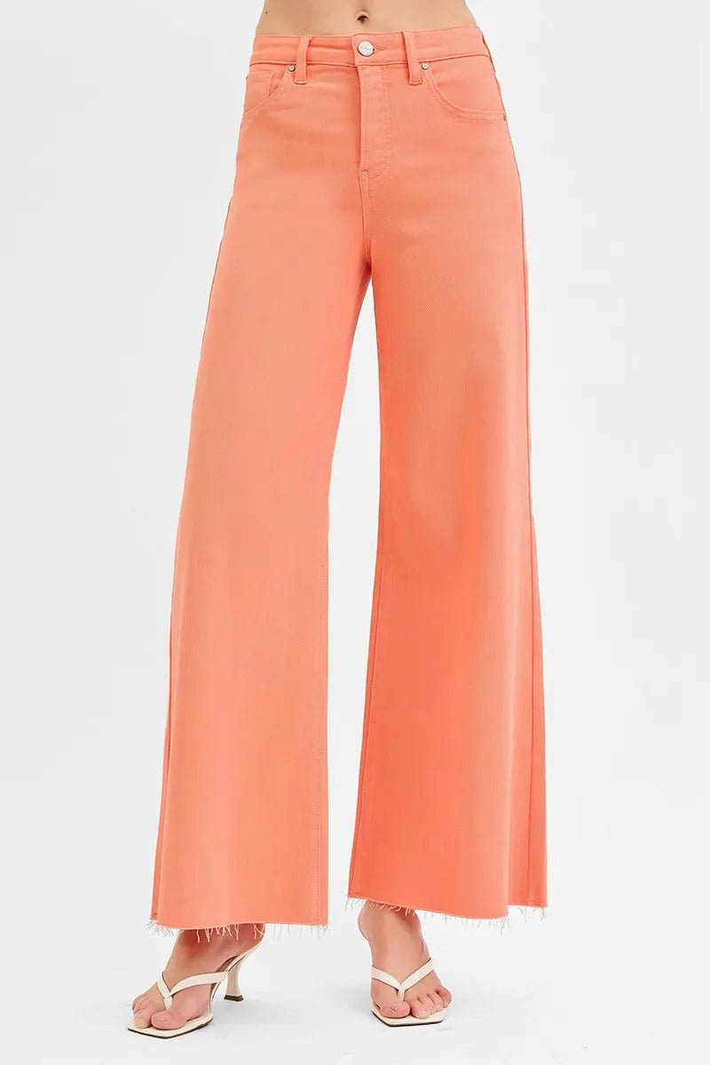 RISEN Full Size Tummy Control High Rise Wide Leg Palazzo Jeans Plus Size - CORAL PEACH -