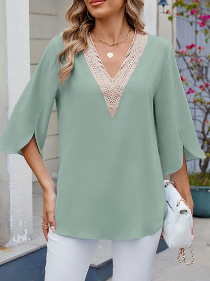 V-Neck 3/4 Sleeve Blouse - -