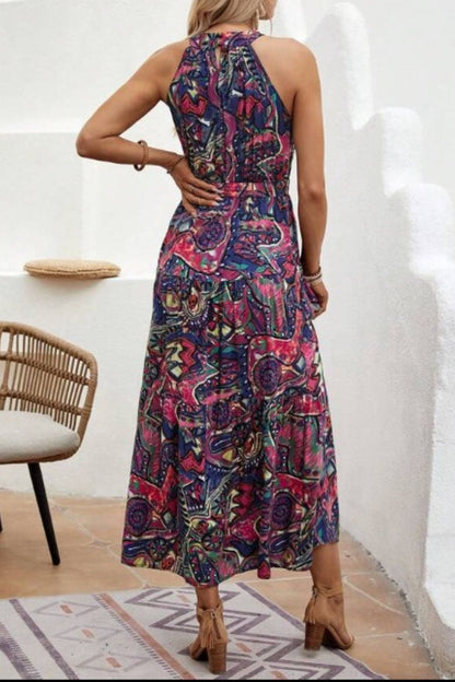 Tied Floral Sleeveless Dress - -