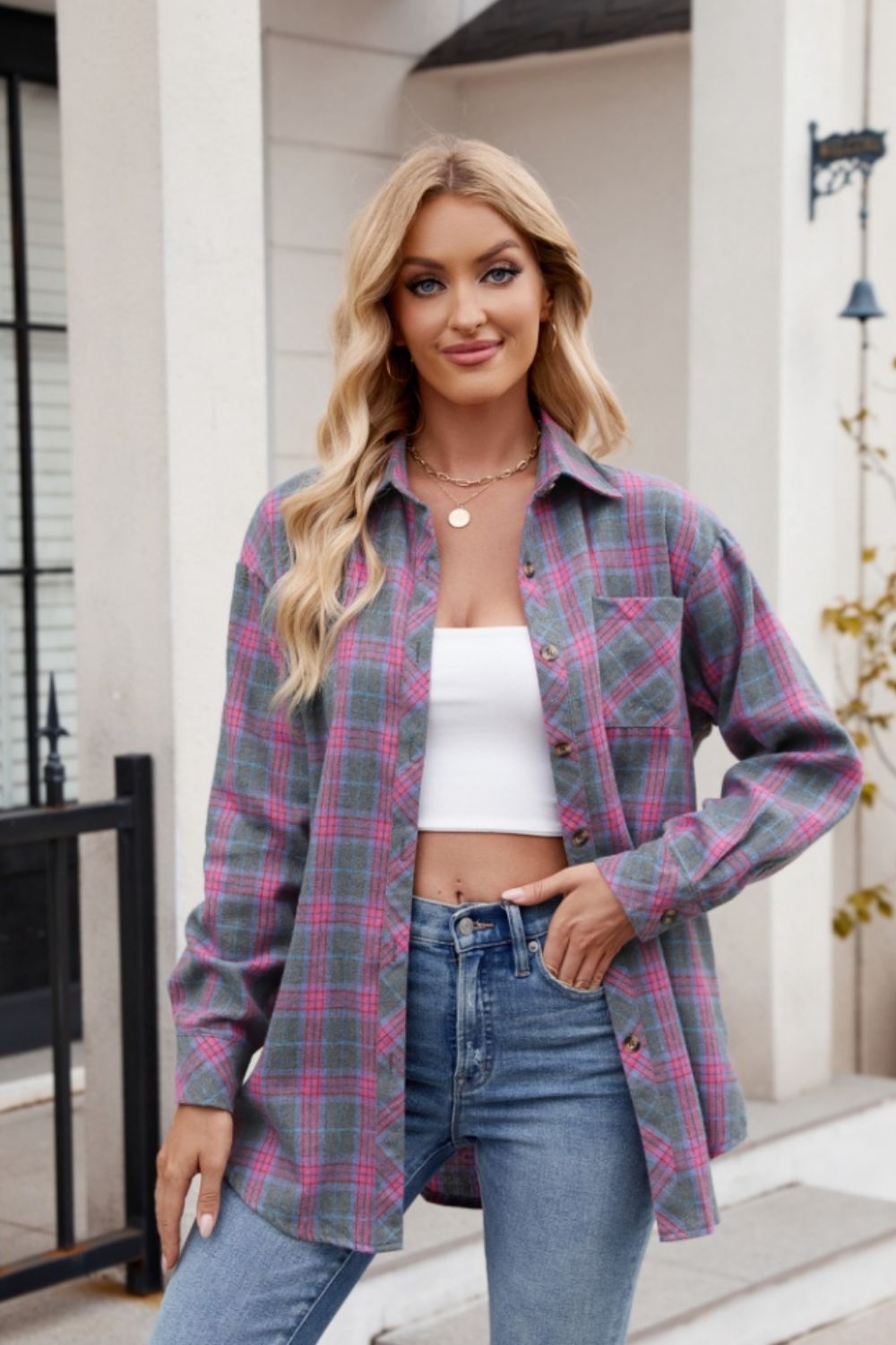 Pocketed Plaid Collared Neck Long Sleeve Shirt - -