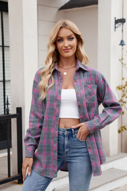 Pocketed Plaid Collared Neck Long Sleeve Shirt - -