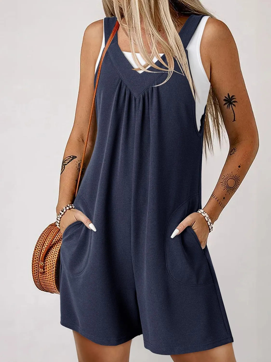 V-Neck Wide Strap Romper - Dark Blue -