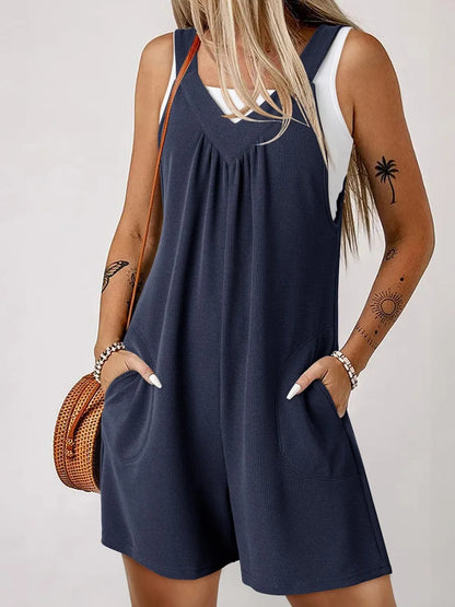 V-Neck Wide Strap Romper - Dark Blue -