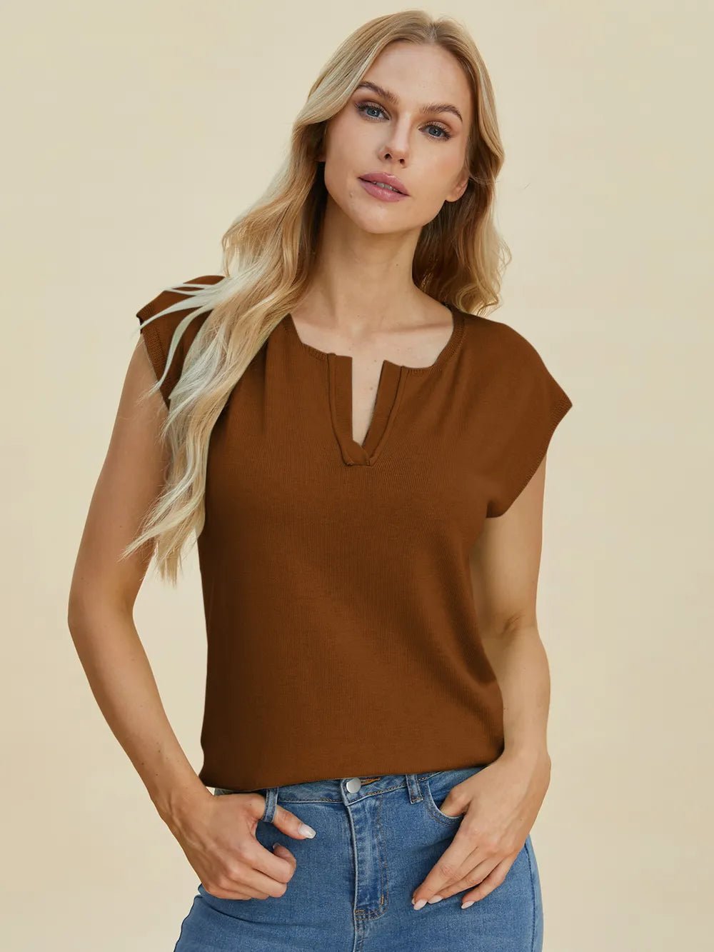 Double Take Full Size Notched Cap Sleeve Knit Top – | Shannon’s Chique Boutique