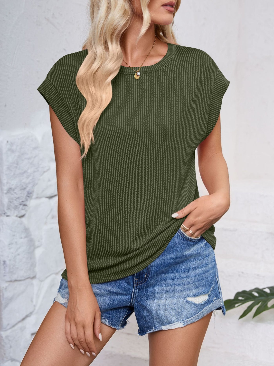 Lovelet Textured Round Neck Cap Sleeve Blouse