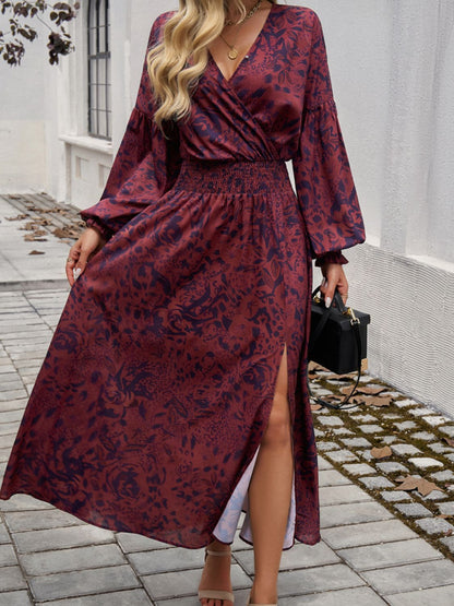 Devine Split Printed Surplice Long Sleeve Midi Dress - Dark Brown -