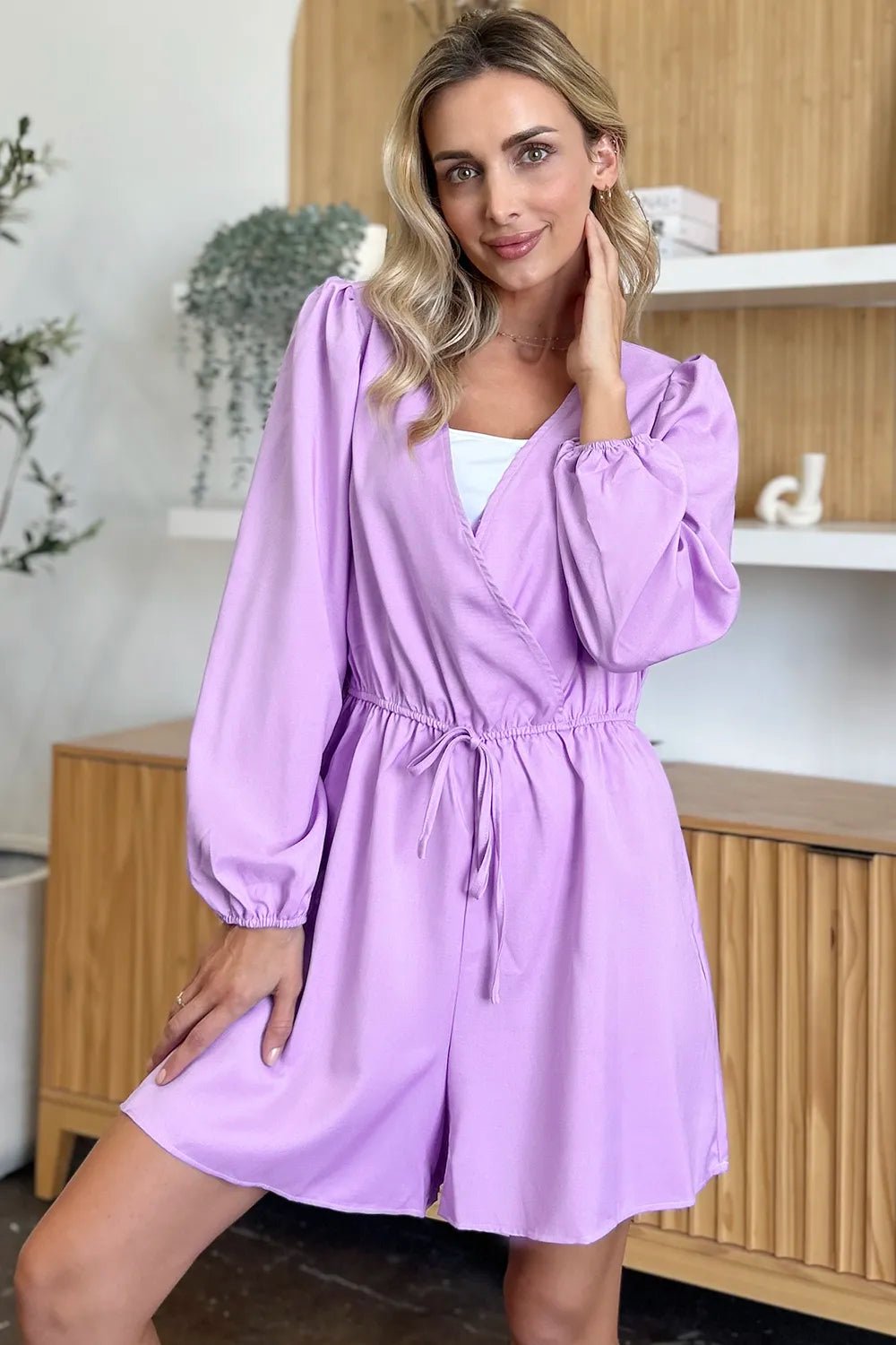 Double Take Full Size Drawstring Long Sleeve Romper - -