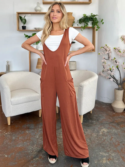 Double Take Full Size Sleeveless Wide Leg Jumpsuit with Pockets - -