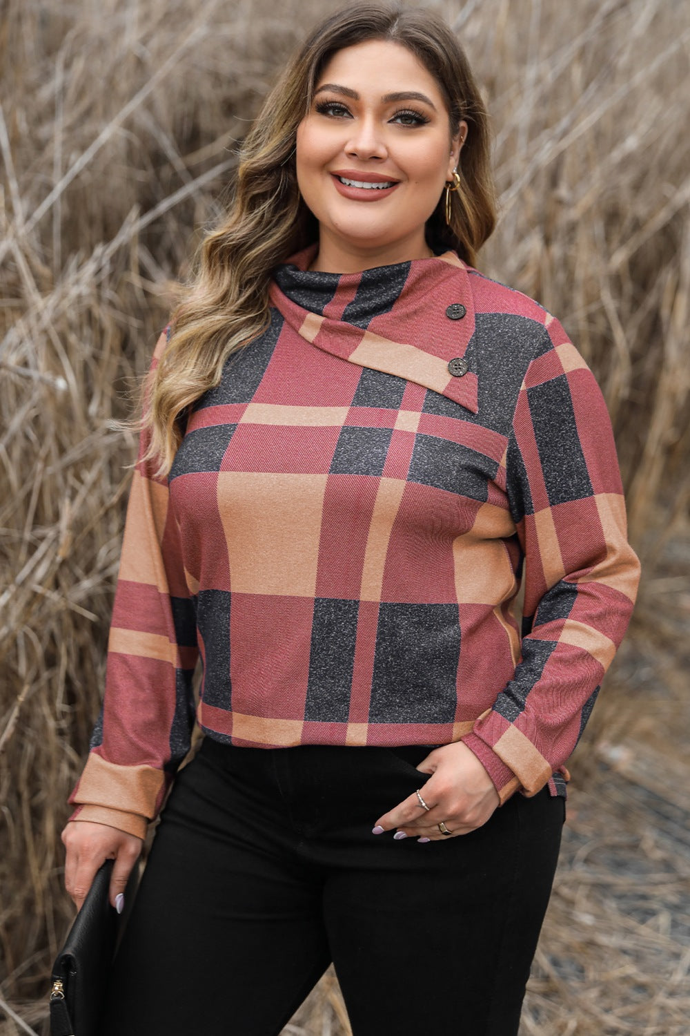 Plus Size Plaid Cowl Neck Long Sleeve Sweatshirt - -