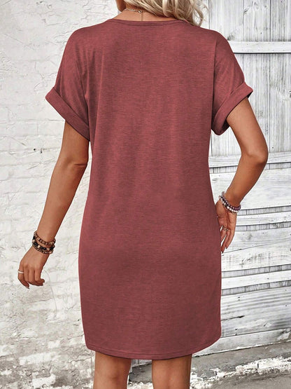 Quarter Button V-Neck Short Sleeve Dress - -