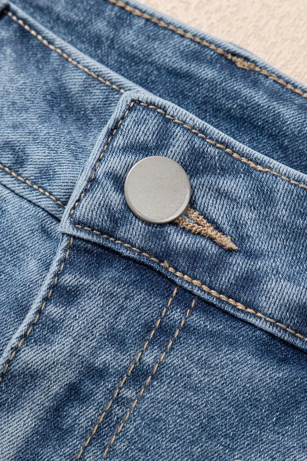 Pearl Beaded Raw Hem Wash Denim Shorts - -