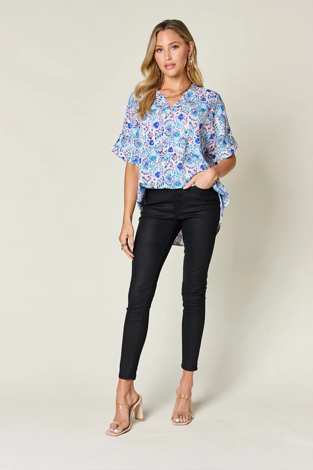 Double Take Full Size Printed V-Neck Short Sleeve Blouse - -
