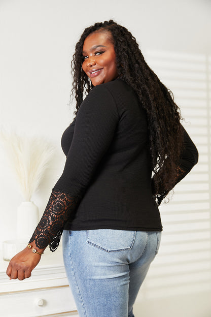 Double Take Crochet Lace Hem Sleeve Button Top - -