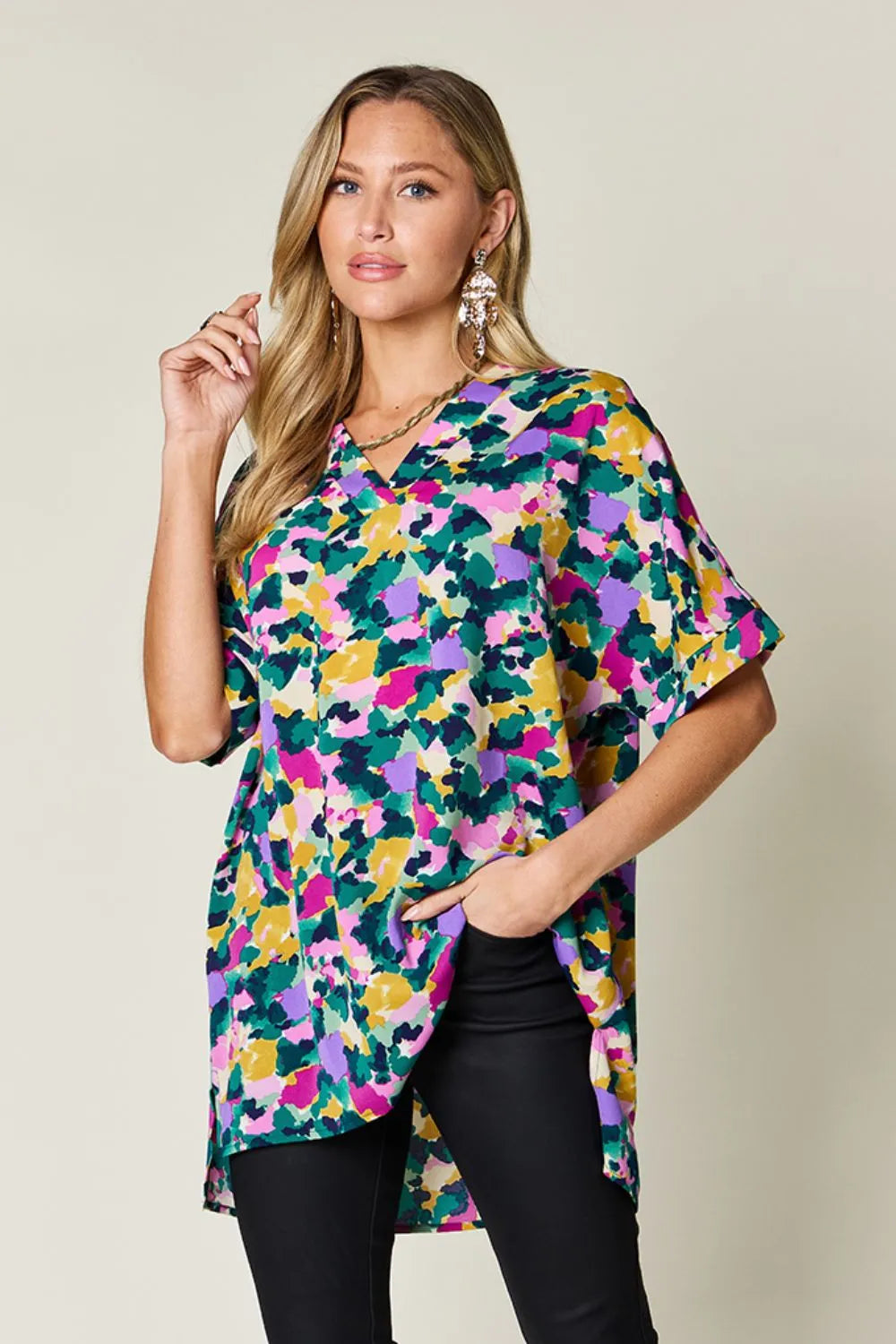 Double Take Full Size Printed V - Neck Short Sleeve Side Slit Top – | Shannon’s Chique Boutique
