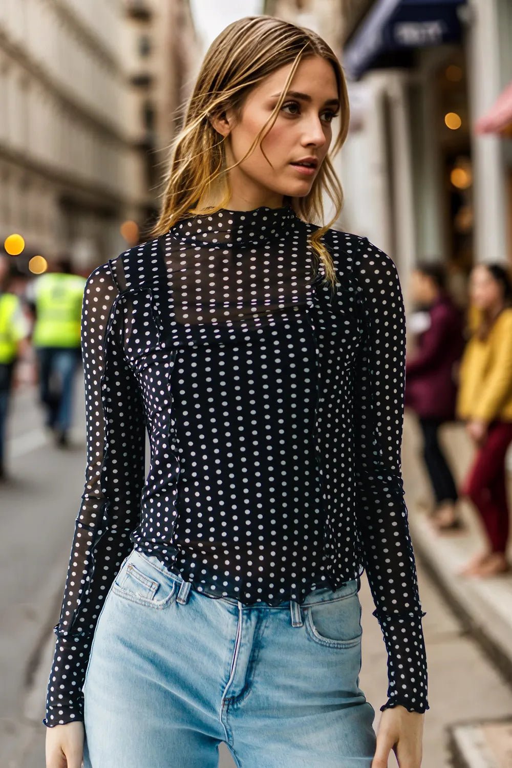 Oh Full Size Frill Printed Mock Neck Long Sleeve Top - Dot -