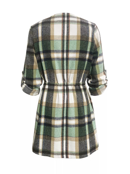 Green plaid tunic shirt, long sleeve, made of soft flannel with an adjustable drawstring waist.