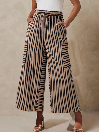 Contrast Striped Wide leg Pants - Black -