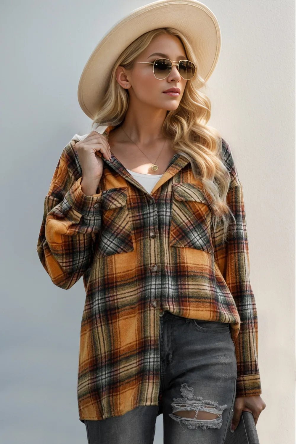 Double Take Drawstring Plaid Long Sleeve Hooded Shacket – | Shannon’s Chique Boutique