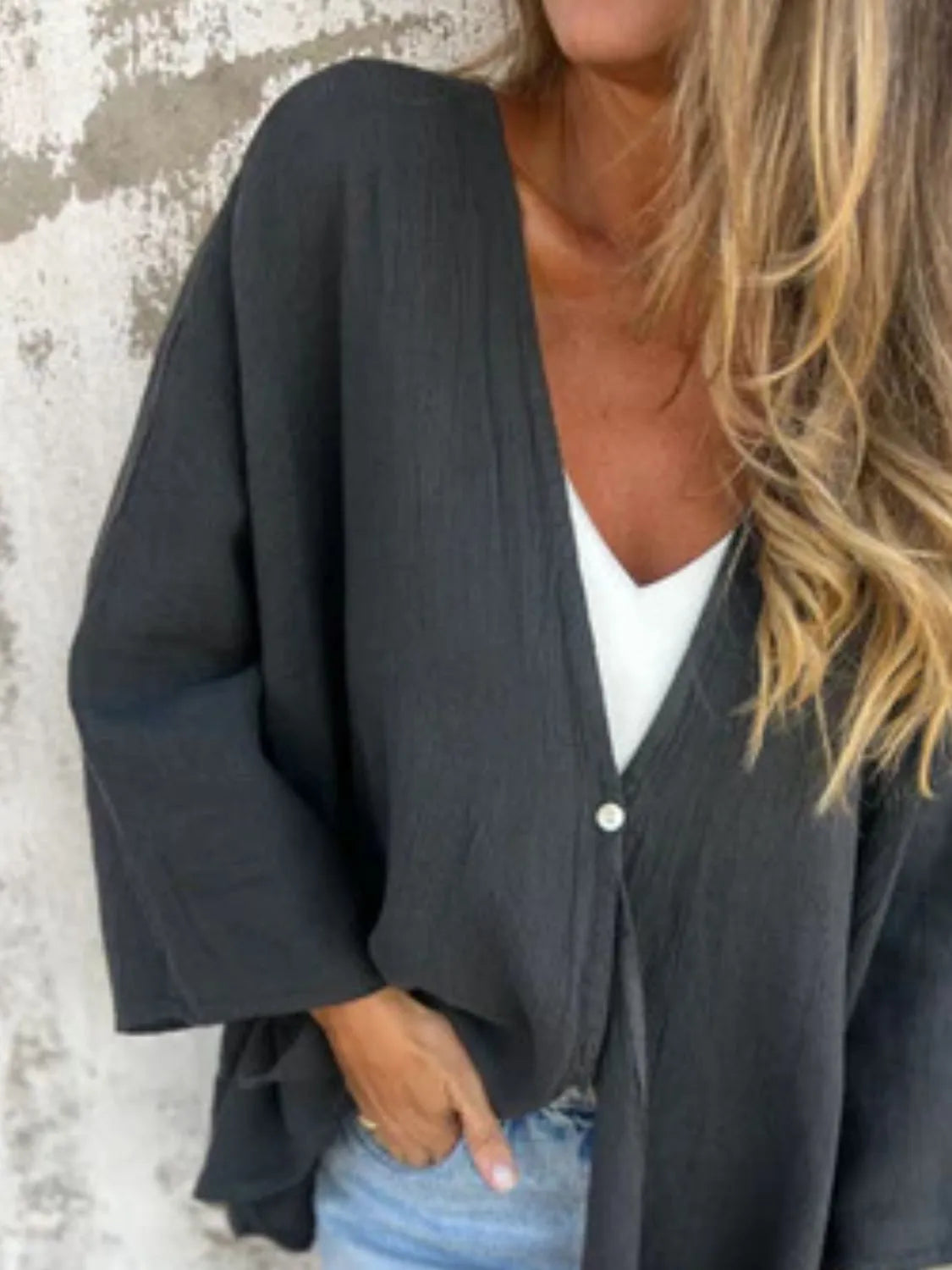 Full Size One Button Long Sleeve Shirt Plus Size - -