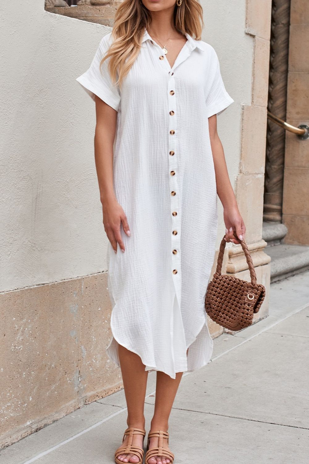 Button Down Short Sleeve Midi Shirt Dress - -