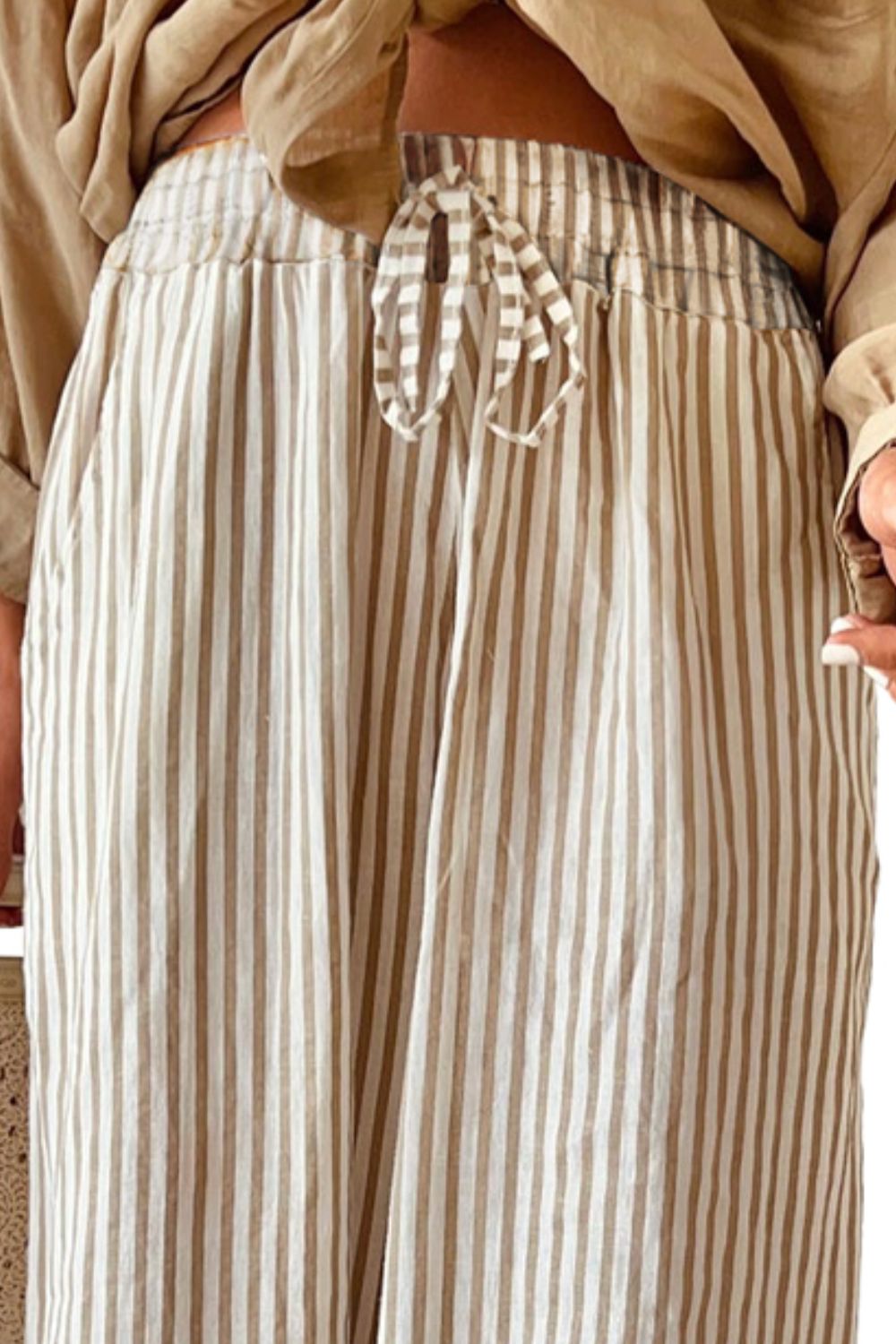 Pocketed Striped Wide Leg Pants - -