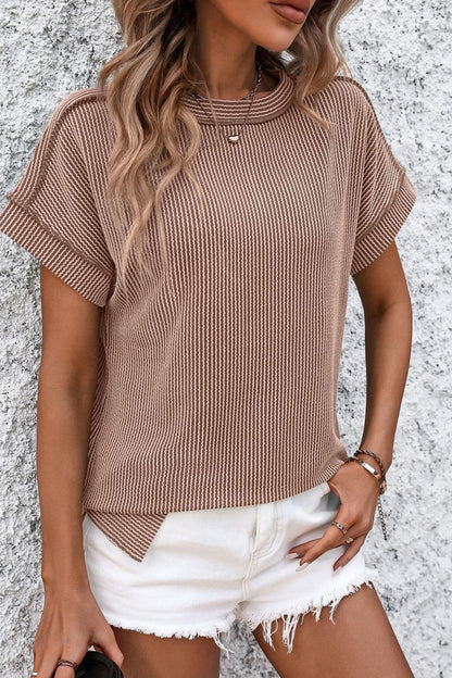 Mandy Striped Round Neck Short Sleeve T-Shirt - Camel -