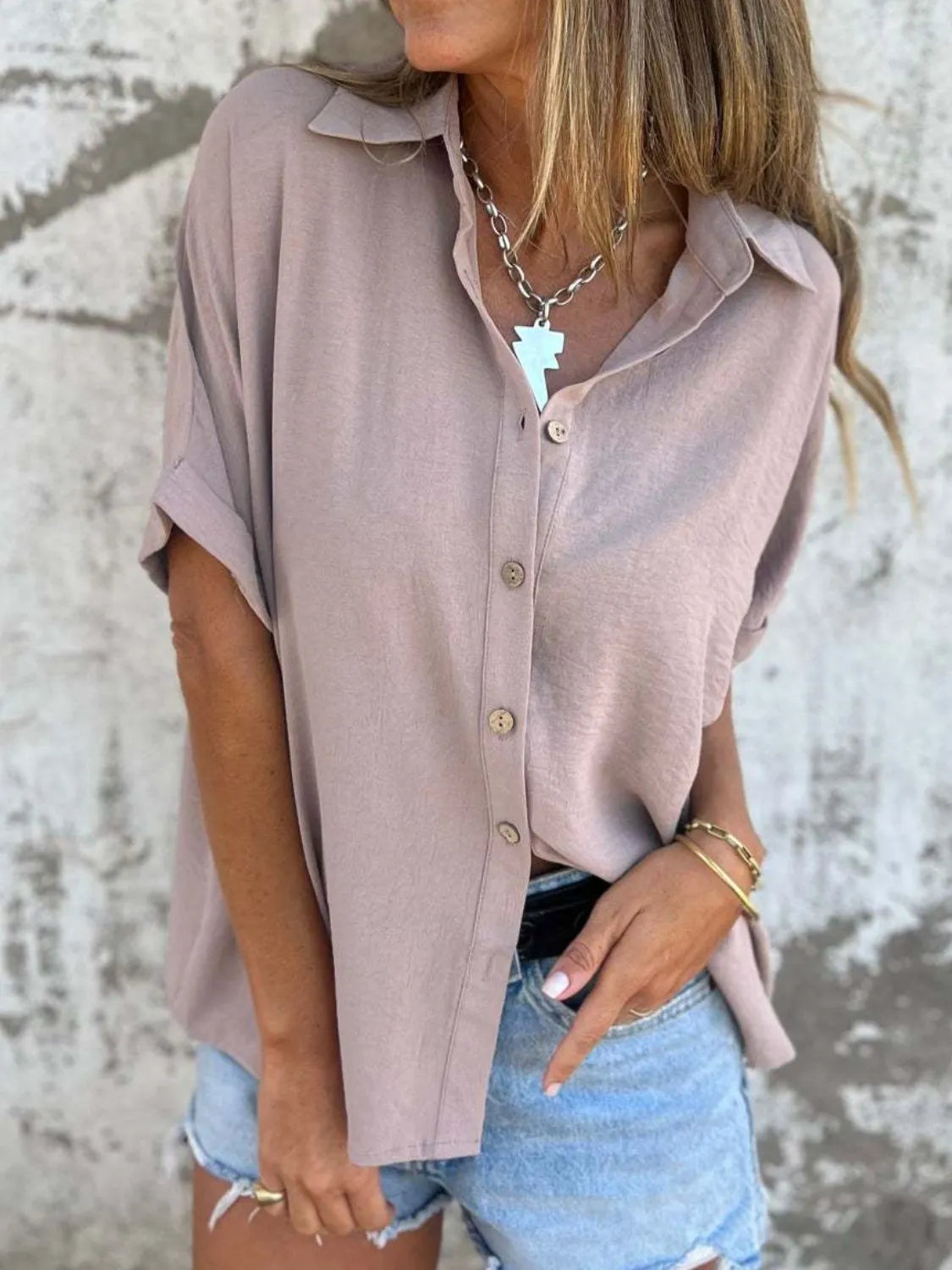 Full Size Collared Neck Half Sleeve Shirt Plus Size - Dusty Pink -