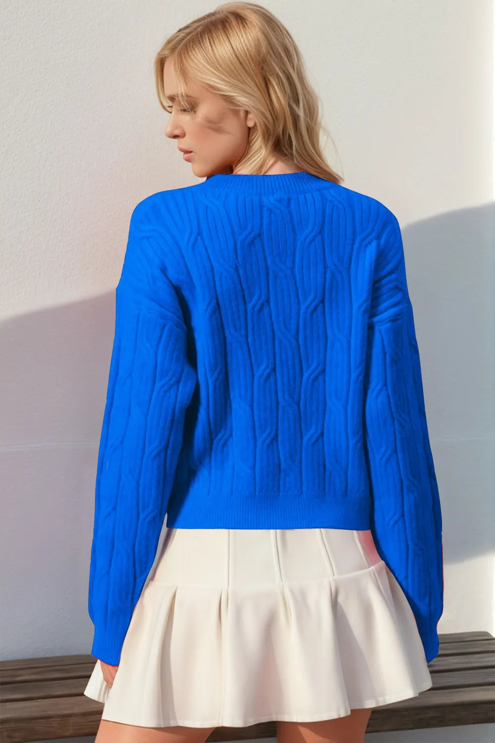 Double Take Full Size Bow Cable-Knit Round Neck Sweater - -
