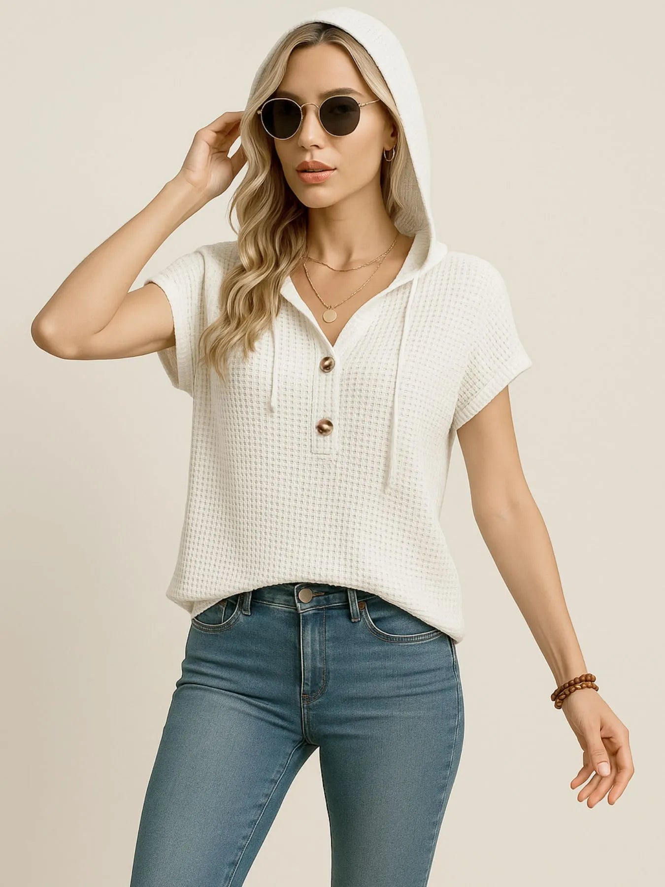 Drawstring Waffle Knit Short Sleeve Hoodie – | Shannon’s Chique Boutique