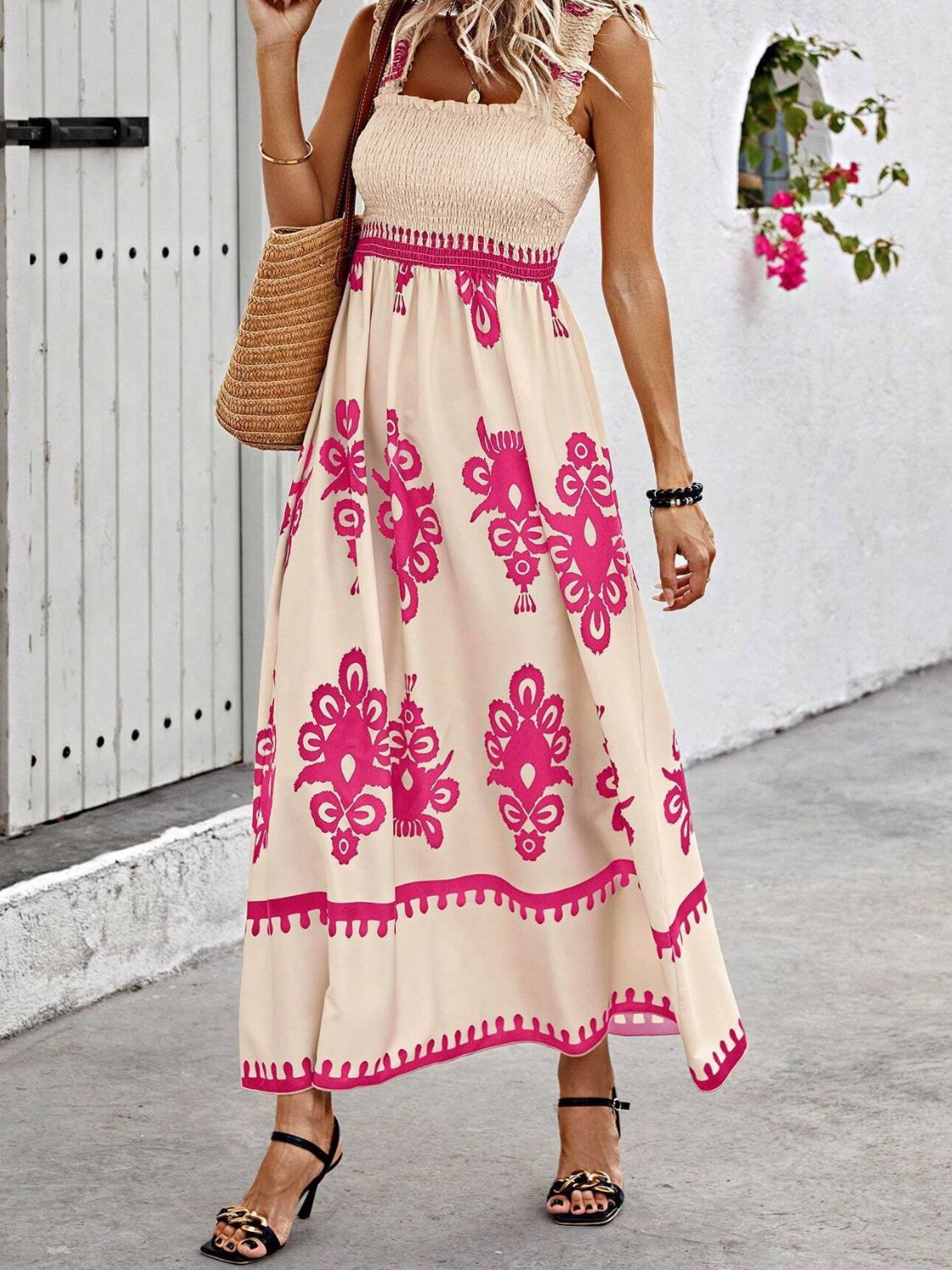 Smocked Printed Wide Strap Maxi Dress - Pink -