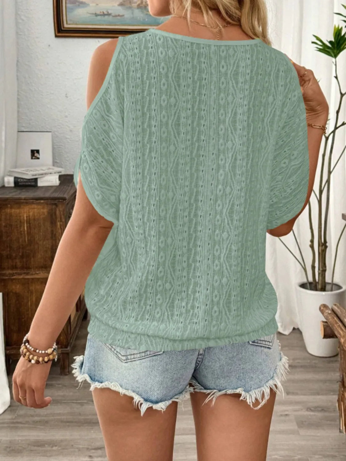 Eyelet Cold Shoulder Round Neck Blouse - -