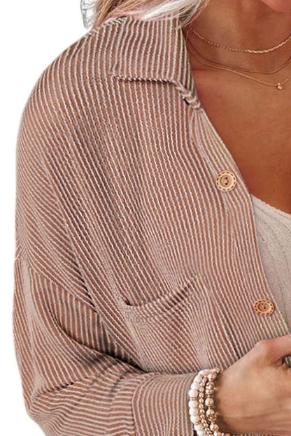 Striped Collared Neck Long Sleeve Shirt - -