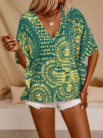 Printed V-Neck Half Sleeve Top - -