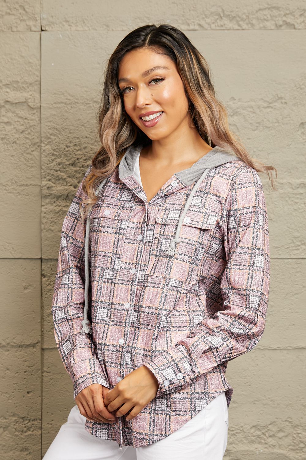 Double Take Plaid Long Sleeve Hooded Jacket - -