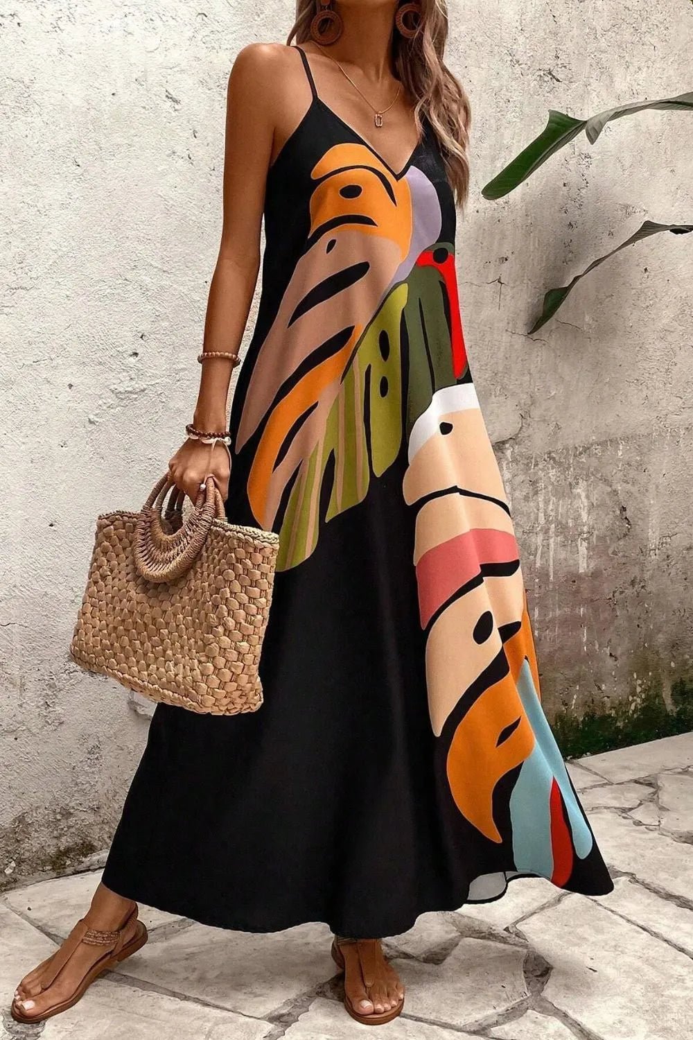 Tropical Leaf Print V-Neck Maxi Cami Dress – | Shannon’s Chique Boutique