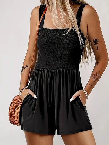 Full Size Smocked Wide Strap Romper Plus Size - -