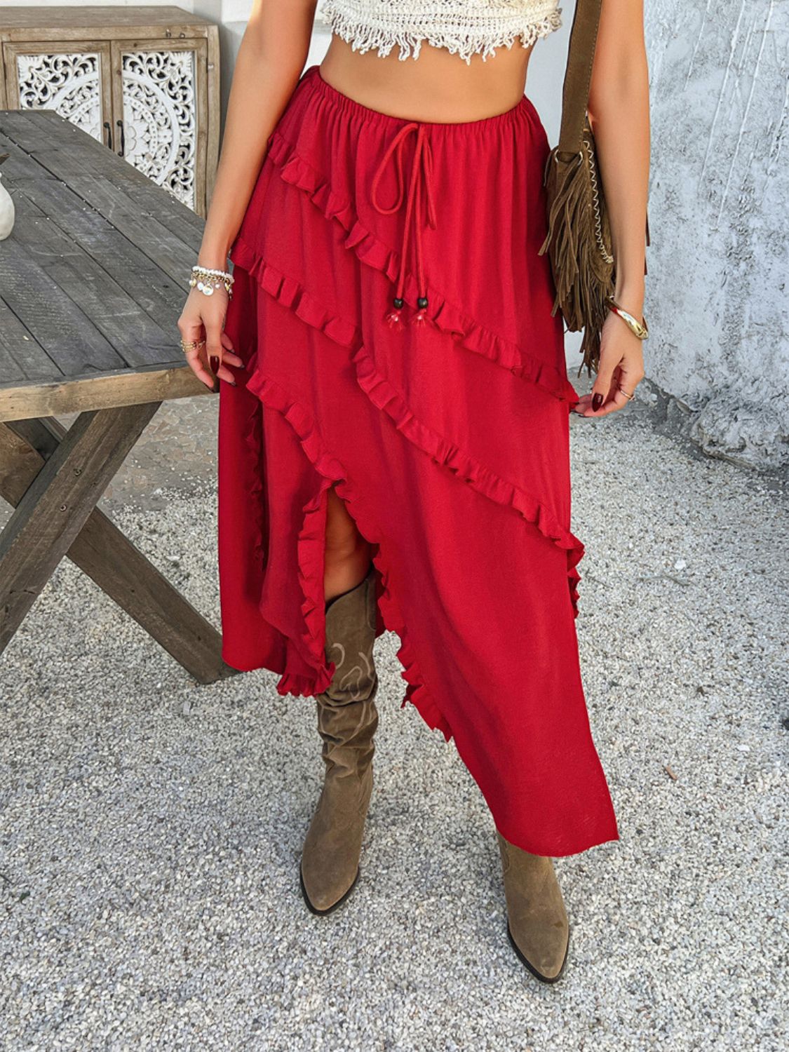 Devine Slit Drawstring Ruffled Skirt - -