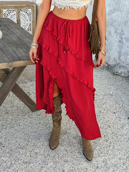 Devine Slit Drawstring Ruffled Skirt - -