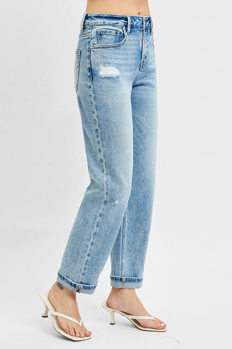 RISEN Full Size High Rise Ankle Boyfriend Distressed Jeans Plus Size - -