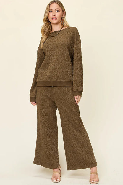 Double Take Full Size Texture Long Sleeve Top and Pants Set - Taupe -