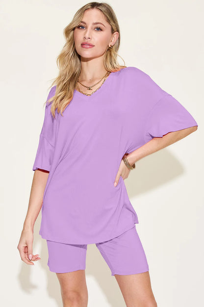 Basic Bae Bamboo Full Size V-Neck Drop Shoulder T-Shirt and Shorts Set - Lavender -