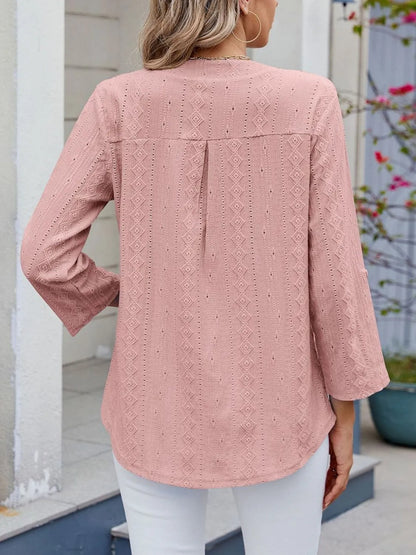 Eyelet Notched Roll-Tab Sleeve Top - -