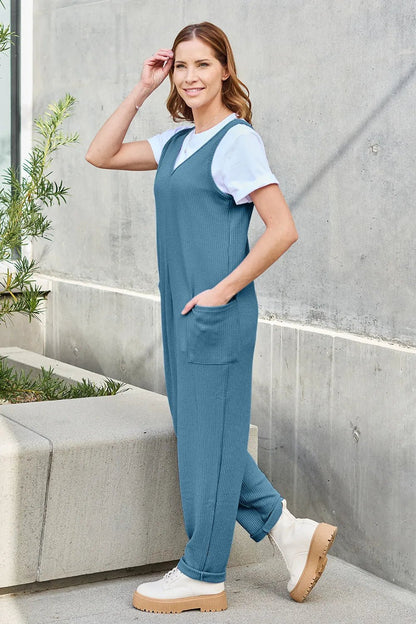 Double Take Full Size Sleeveless Straight Jumpsuit - -