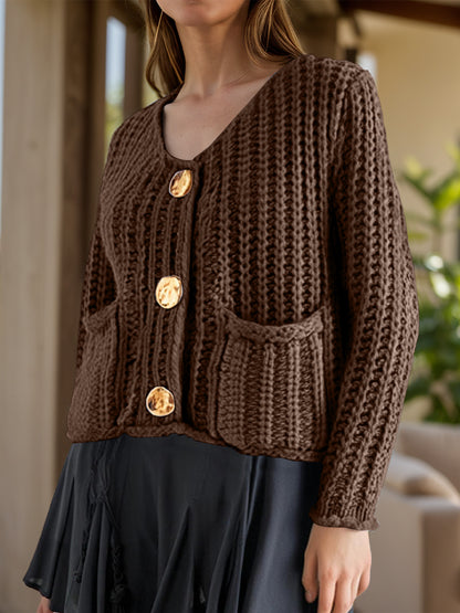Chunky Knit Button-Down Cardigan – Gold Accent & Soft Texture - Brown -